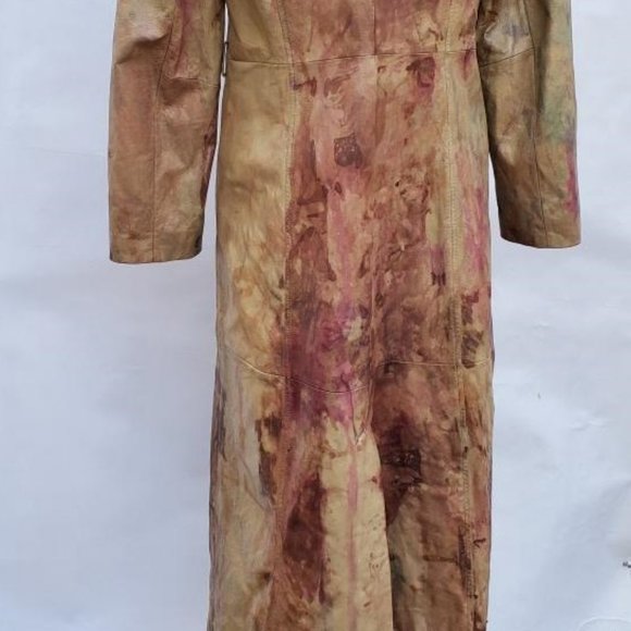 Vintage leather long trench jacket Coat gray beige tan brown 6 8 10 medium camo - Picture 10 of 13